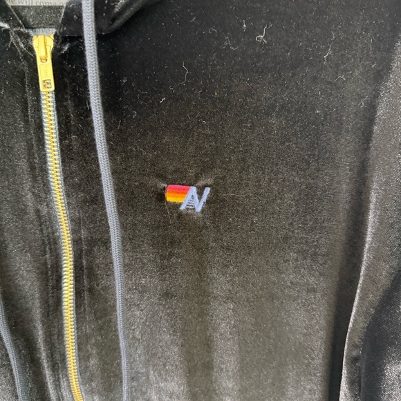 Aviator Nation Black Velour Hoodie Zip Front Sweatshirt Striped Sleeve Medium - Picture 5 of 14